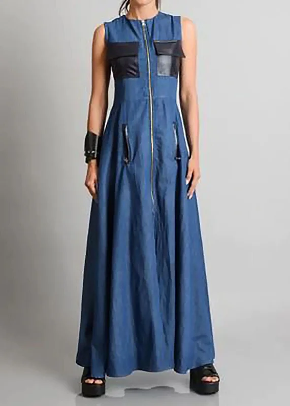 Comfort First Women's Wear Italian Blue O Neck Zippered Patchwork Denim Maxi Dresses Sleeveless