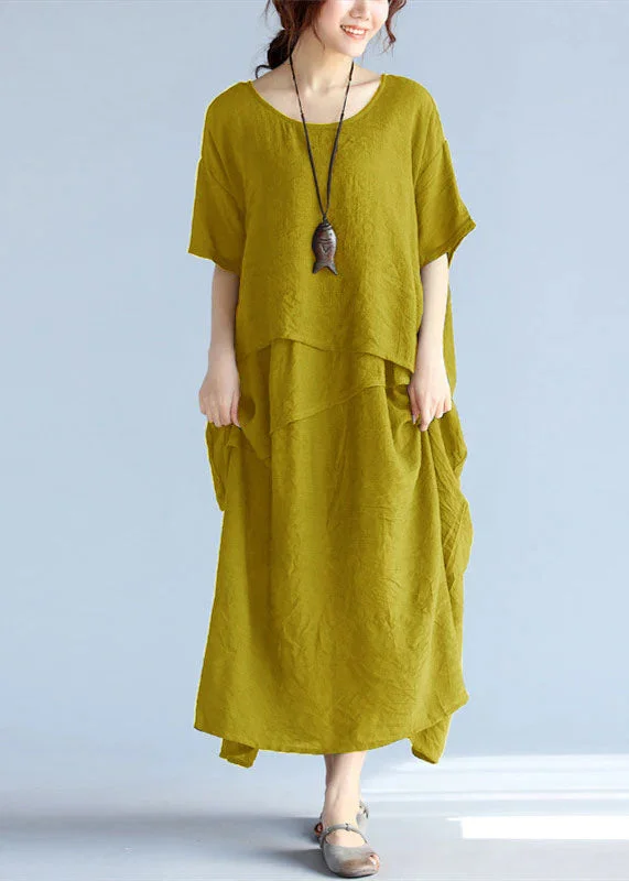 Unleash Your Trendy Side baggy Yellow long linen dresses oversized layered cotton maxi dress vintage short sleeve cotton clothing