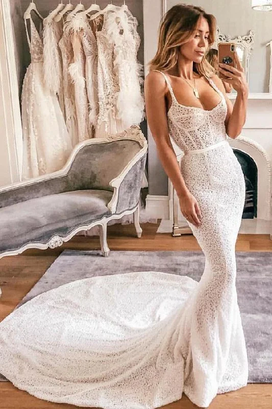 Classic Charm Mermaid Spaghetti Straps Lace Wedding Dress Bridal Gown