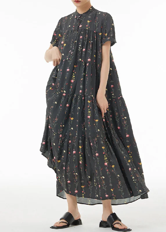 Vibrant Styles Casual Black Print Patchwork Wrinkled Cotton Maxi Dresses Summer