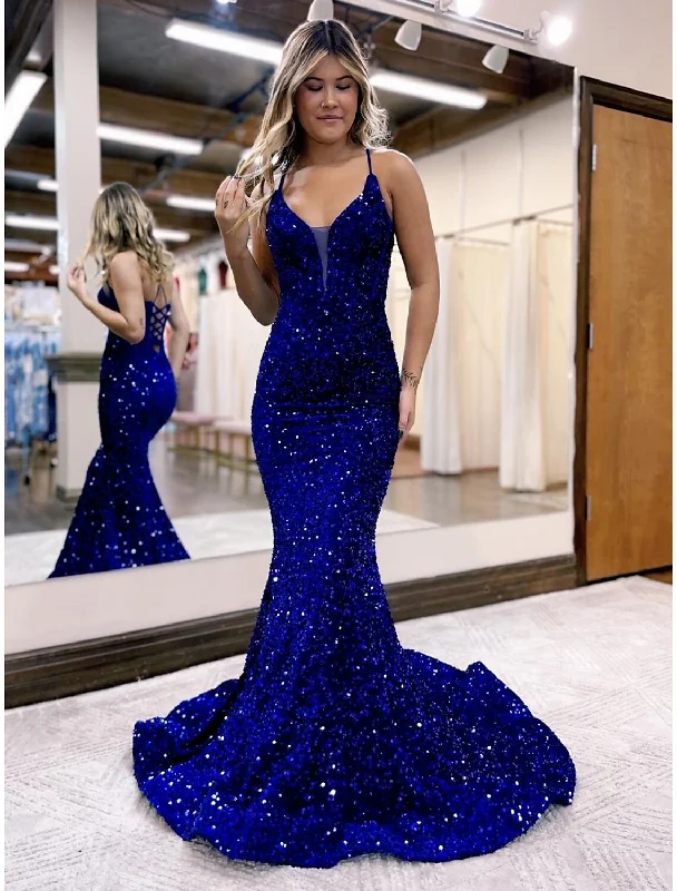 End Of Season Sale Mermaid / Trumpet Evening Gown Sparkle & Shine Dress Formal Court Train Sleeveless V Neck Sequined Backless with Sequin