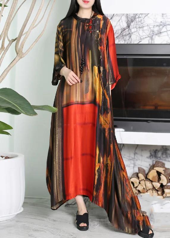 Athleisure Wear Promotion Vogue Red O-Neck Asymmetrical Print Silk Maxi Dress Summer