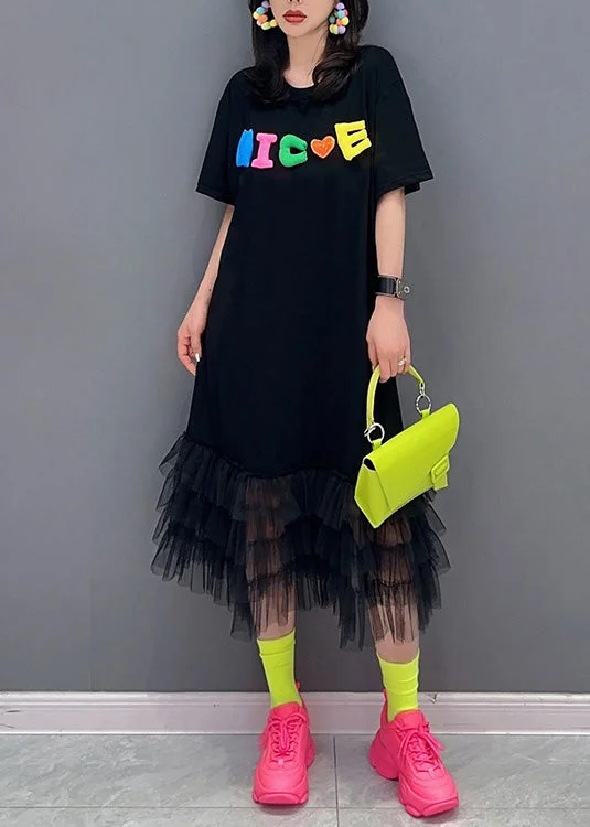 Limited Stock, Big Sale Modern Black Graphic Print Tulle Patchwork Maxi Dresses Summer