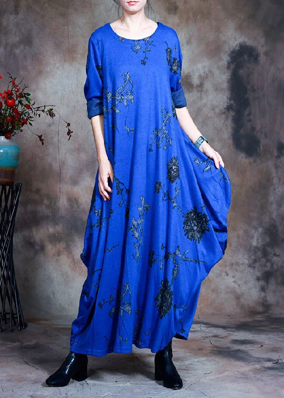 Dive Into Trendy Styles Fashion Blue O-Neck Print Cotton Maxi Dress Spring