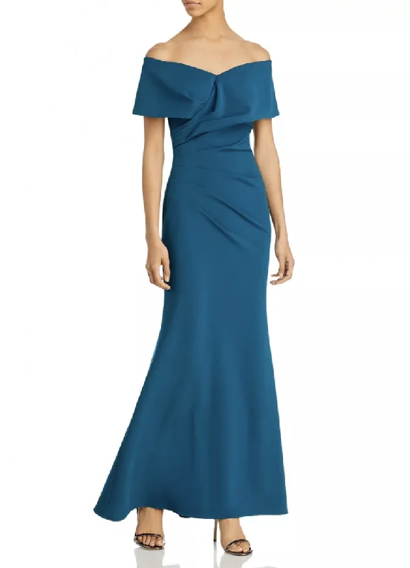 Hollywood Glam Award - Show Style 2 - aqua formal teal off the shoulder asymmetrical ruched gown