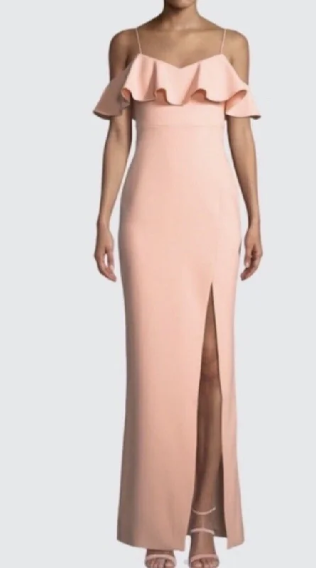 Charming Silhouette 0 - likely peach off the shoulder ruffle gown