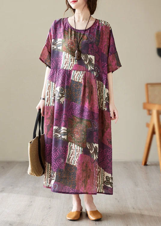 Fashion Sale Loose O-Neck Print Maxi Dresses Short Sleeve