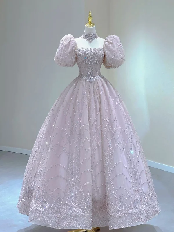 Style Versatile Women's Collection Light Pink A-Line Beading Princess Ball Gown with Short Sleeves MD7325