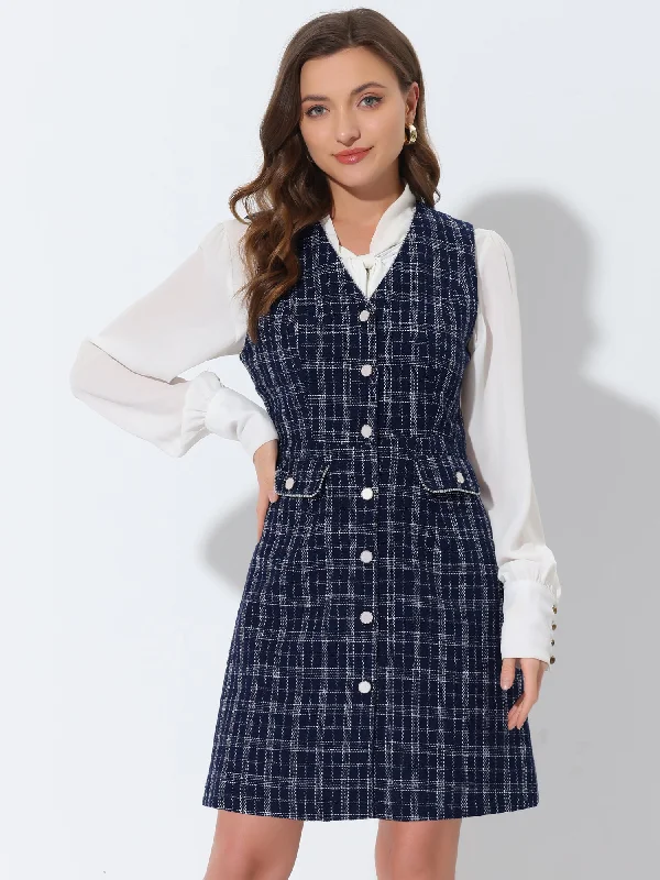 Polished Finish V Neck Button Down Pockets Vintage Sleeveless Plaid Tweed Dress