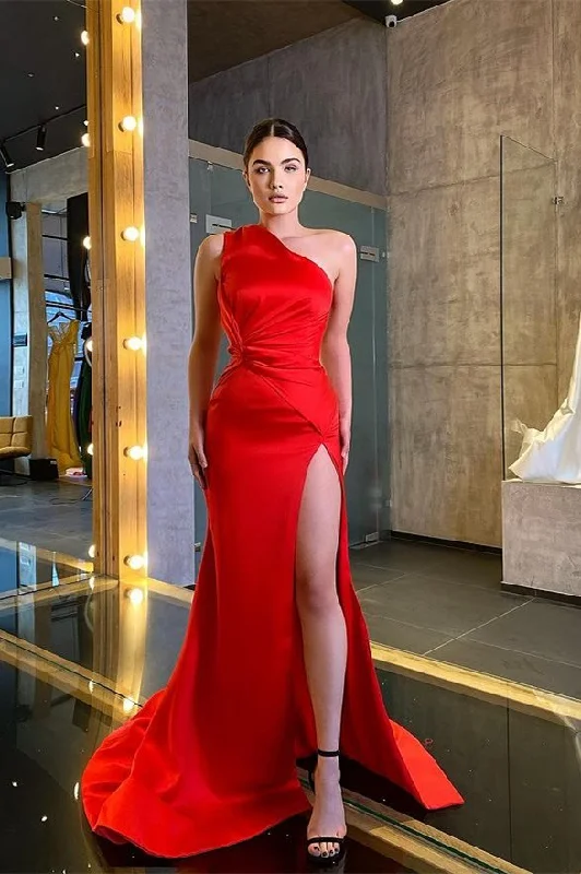 Casual Chic Red One Shoulder Sleeveless Mermaid Prom Dress With Split gh783