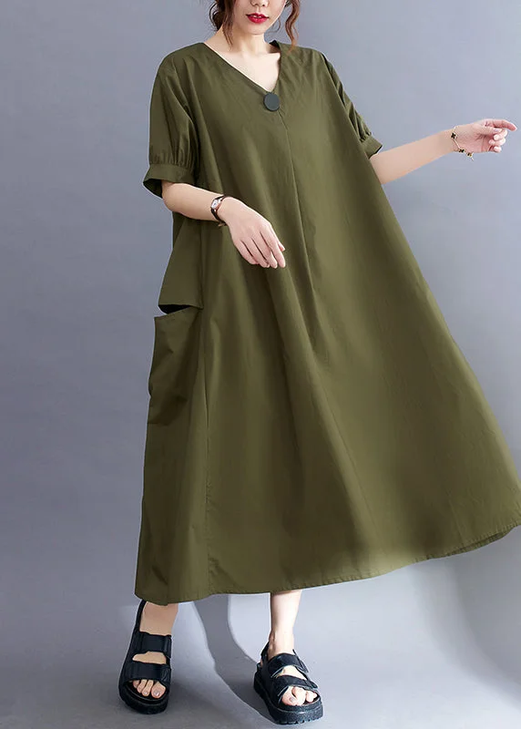 Stylish Looks Style Army Green V Neck Pockets Cotton Maxi Dress Summer