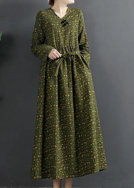 Comfort First Women's Fashion DIY Green Print Quilting Clothes V Neck Maxi Dresses