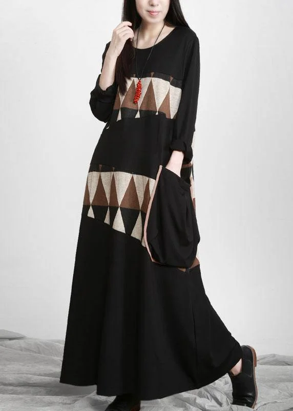 Effortless Chic Apparel Plus Size Black Patchwork Print Pockets Asymmetrical Design Maxi Dress Fall