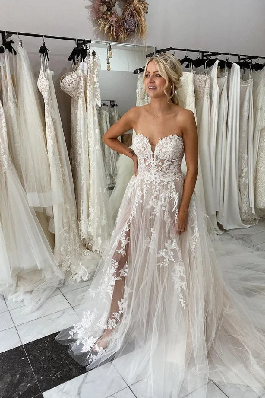 Flash Sale, Don't Miss Charming Sweetheart Lace Tulle Wedding Dresses with Slit N126