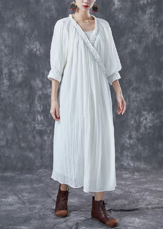 Effortless Everyday Wear White Cotton Maxi Dresses Tie Waist Wrinkled Summer