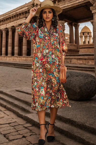 Versatile Style Wardrobe Printed Surplice Lantern Sleeve Midi Dress