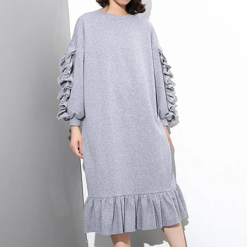 Limited Stock vintage gray cotton maxi dress Loose fitting O neck fall dresses New long sleeve Cinched caftans