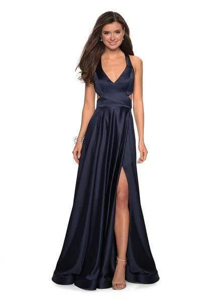 Imeless Style La Femme - Plunging Halter V-neck Satin A-line Evening Gown 27487 - 1 pc Navy In Size 4 Available