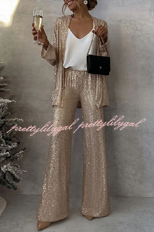 Chic Allure Party Scene Sequin High Rise Elastic Waist Wide Leg  Pants