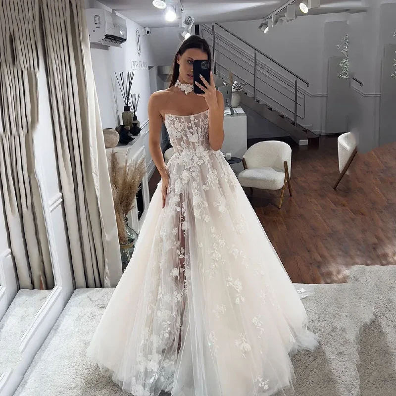 Trend Forward Women's Wear Lace Wedding Dresses Strapless Side Split Corset Side Split A Line Long Custom Made Bridal Gown