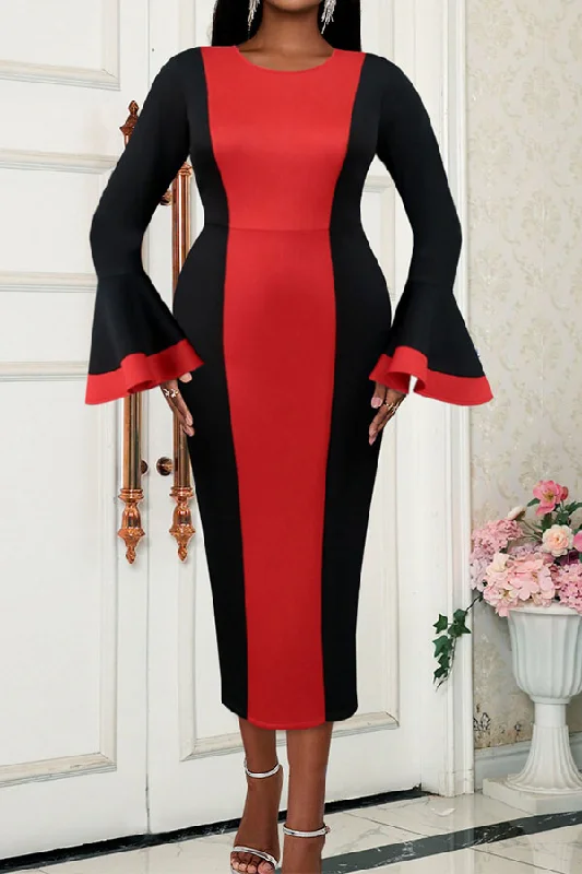 Exquisite Women's Wear Sale Hit Color Retro Trumpet Sleeve Midi Dress