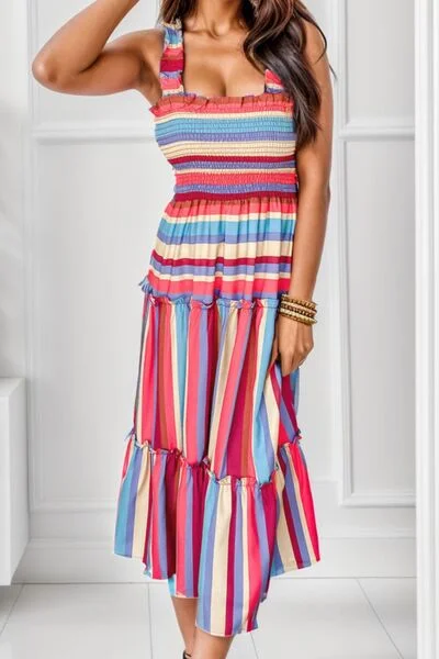 Effortless Everyday Wear Striped Frill Smocked Tiered Midi Dress