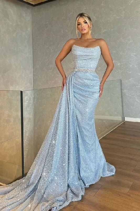 Imeless Style Baby Blue Strapless Sleeveless Beadings Mermaid Prom Dress With Sequins  gh781