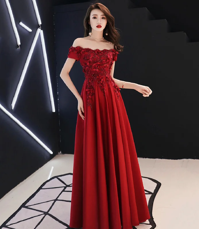 Sophisticated Cut Burgundy satin lace long prom dress A line evening dress  10565