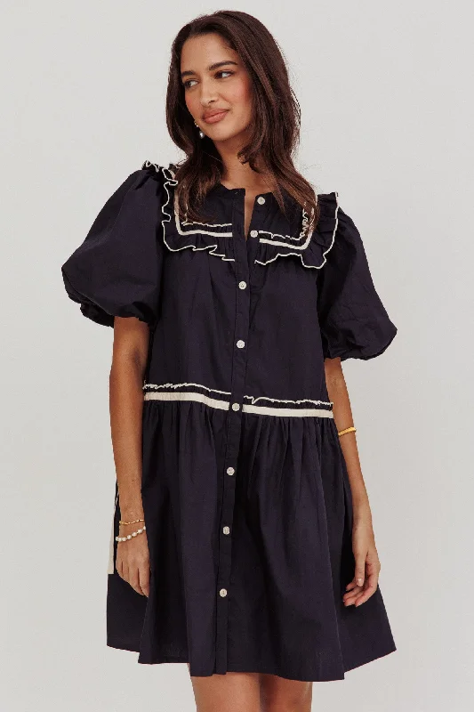 Polished Finish Late Spring Puff Sleeves Ruffle Mini Dress Navy