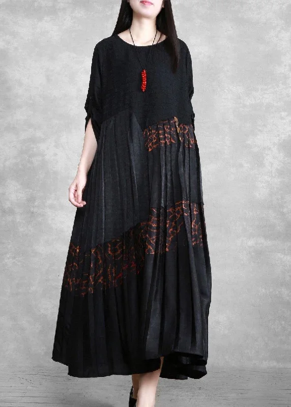 Durable Fashion Picks Luxy Silk Maxi Dresses Black Pleated Low High Patchwork Dress