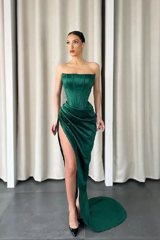 Trendy Women's Wear Collection Dark Green Strapless Sleeveless Long Slit Mermaid Prom Dress gh719