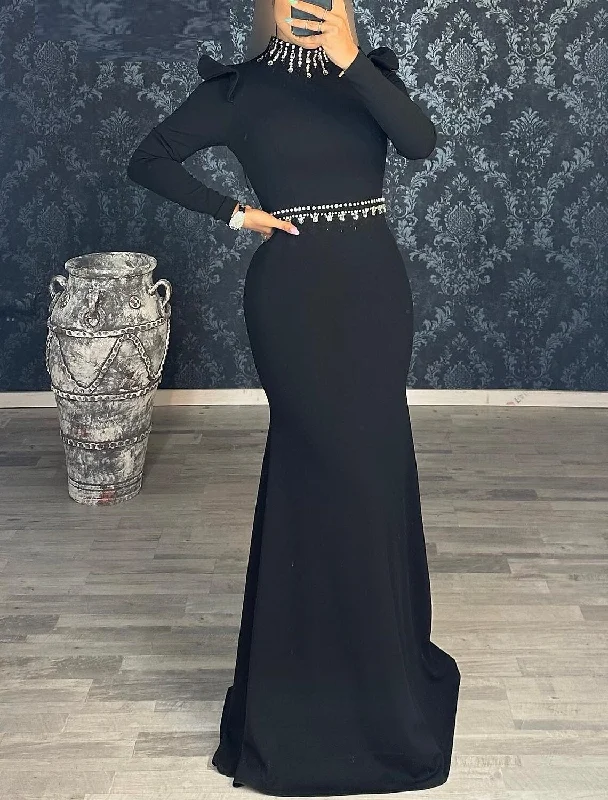 Timeless Elegance Redefined Mermaid Black Dress Evening Gown Elegant Dress Formal Masquerade Floor Length Long Sleeve High Neck Stretch Fabric with Rhinestone