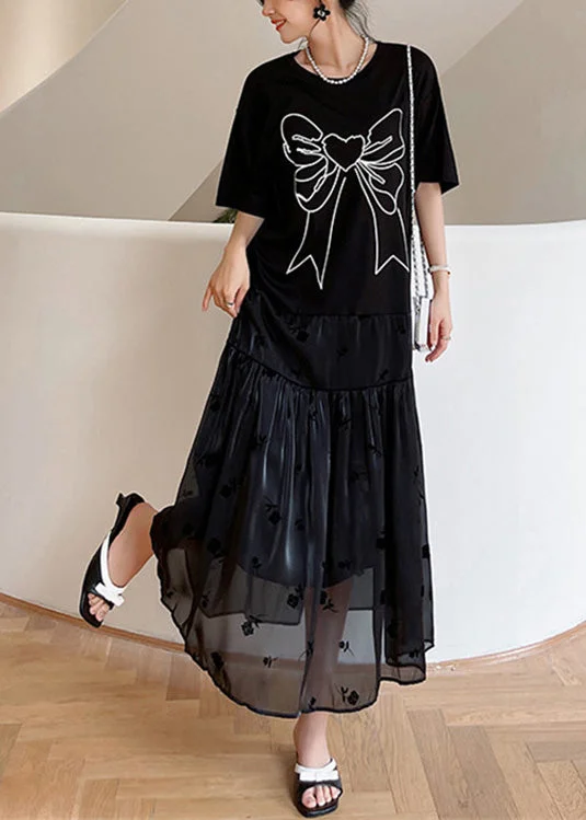 Feminine Charm Casual Black O-Neck Bow Tulle Patchwork Cotton Maxi Dresses Summer