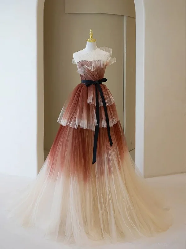 Travel Essentials Elegant Strapless A-Line Tulle Tiered Long Formal Prom Dress Ball Gown MD7519