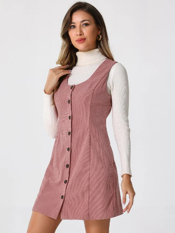 Seasonal Sale Corduroy Overall Scoop Neck Sleeveless Button Pinefore Dress