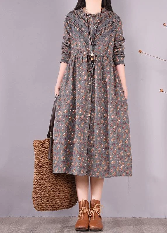 Seasonal Trends Organic O Neck Patchwork Spring Tunic Pattern Shirts Gray Print Maxi Dresses