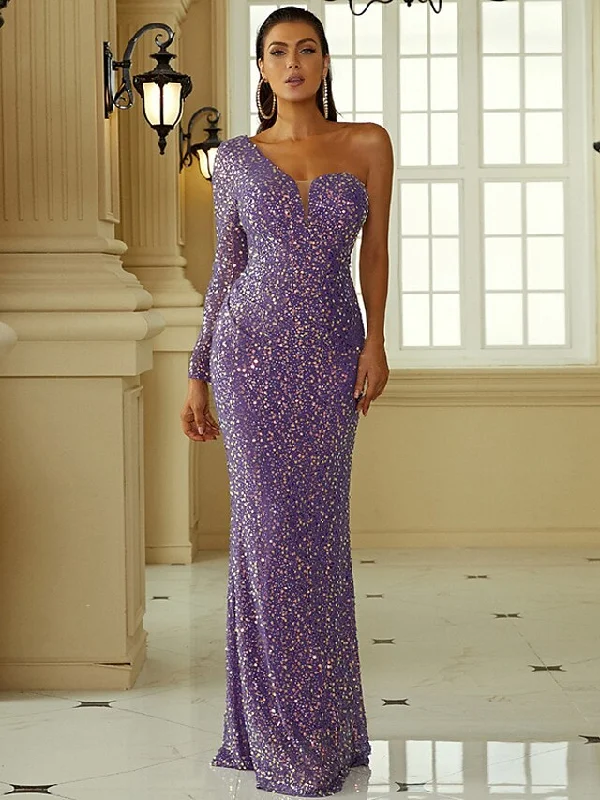 Evening Looks Evening Gown Sexy Dress Formal Floor Length Long Sleeve One Shoulder Polyester with Sequin