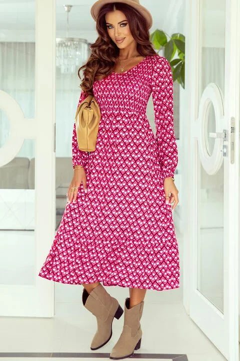 Chic Casual Style Printed Long Sleeve Midi Dress