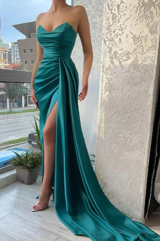 Style Streetwear Green Strapless Satin Long Ball Gown Evening Dress  gh2370