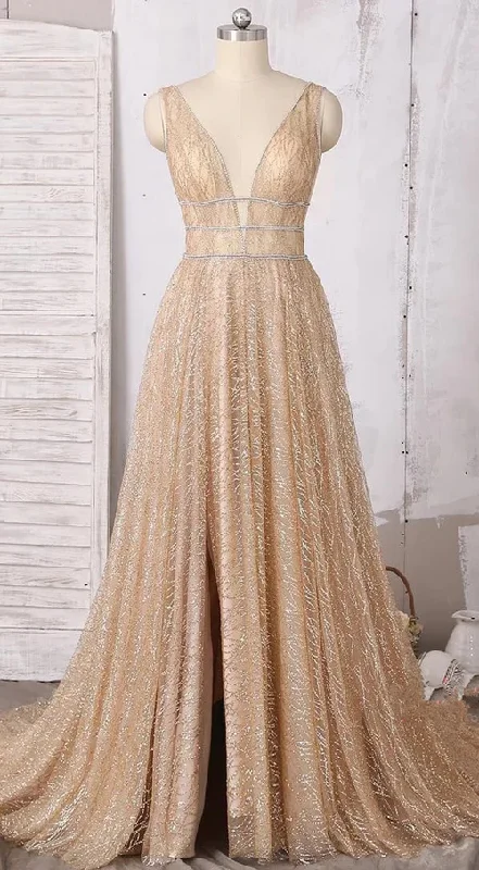 Style Redefined A-line Deep V-neck Sleeveless Sequins Floor-length Prom Dresses, Long Evening Dresses   gh2291