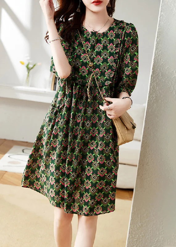 Season Offer Beautiful Green O-Neck Print Chiffon Maxi Dress Summer