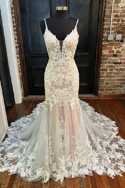 Buy More, Save More Elegant Mermaid V Neck Lace Wedding Dresses with Appliques N118