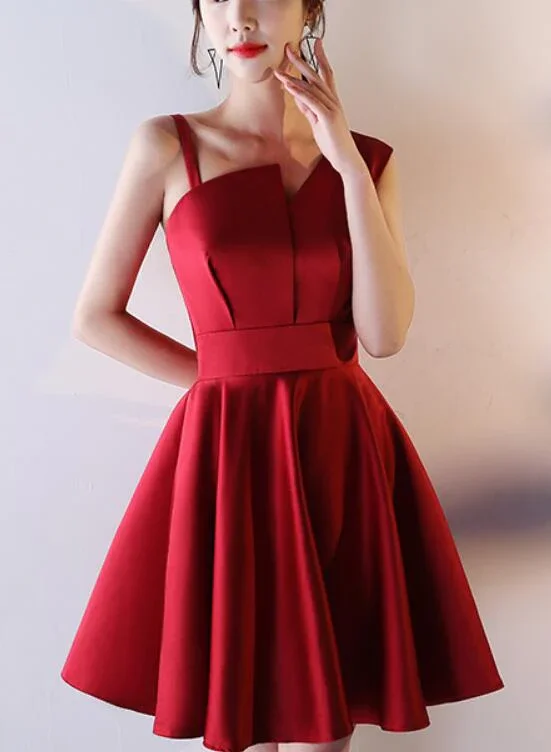 Bold Prints Casual Chic Beautiful Dark Red Satin One Shoulder Mini Party Dress, Wine Red Homecoming Dress gh424