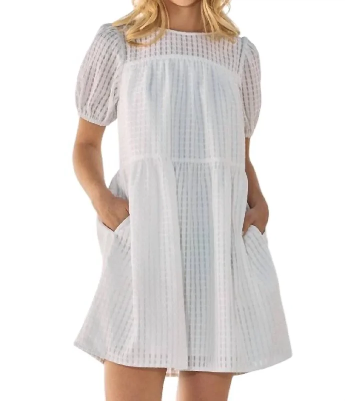 Premium Quality Garments Jacquard Babydoll Gridded Mini Dress In Off White