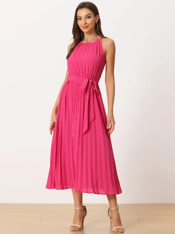 Rustic Countryside Charm Look Women's Sleeveless Halter Neck Belted A-Line Cocktail Pleated Dress