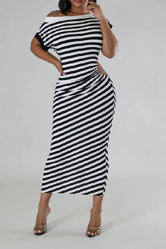 Must Haves Striped Patchwork Boat Neck Classic Cutout Midi Dress