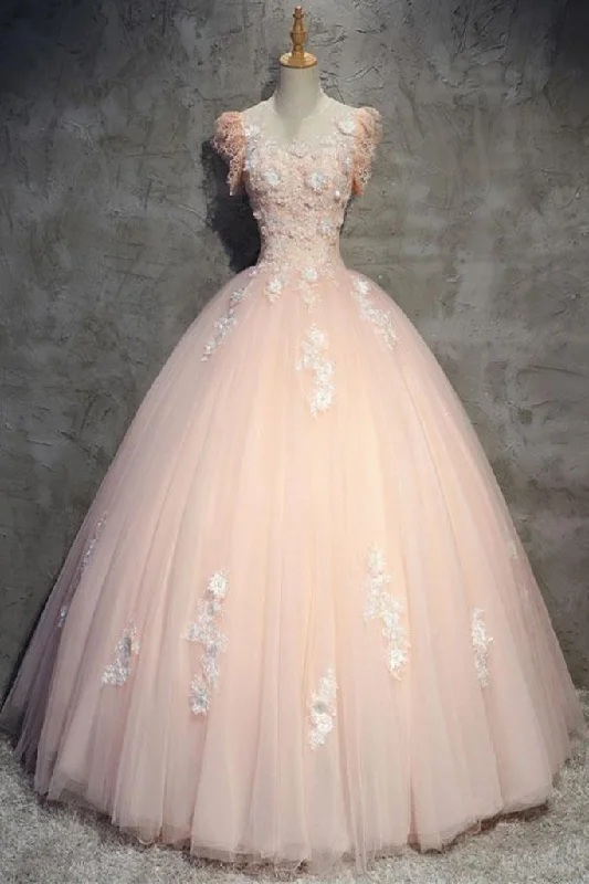 Weekend Exclusive Round Neck Cap Sleeves Lace Pink Long Prom Dress, Pink Lace Formal Dress, Pink Evening Dress, Ball Gown M3109