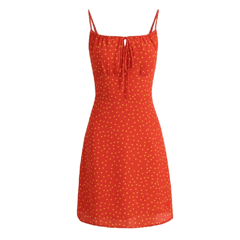 Modern Casual Clothing Sexy Tie Neck Smocked Sleeveless A Line Polka Dot Print Mini Sundress