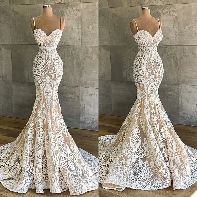 Crazy Price Slashing Elegant Lace Mermaid Wedding Dresses Spaghetti Straps Sleeveless Bridal Gown Simple Floor Length Formal Trumpet Dress