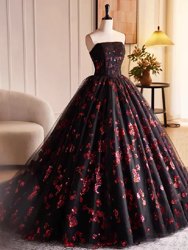 Fashion Frontiers Black Tulle and Red Sequins A-Line Strapless Formal Party Dress Evening Gown MD7190